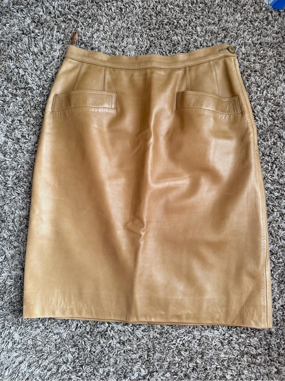 Vintage Yves Saint Laurent Rive Gauche Tan Leather Pencil Skirt FR 42